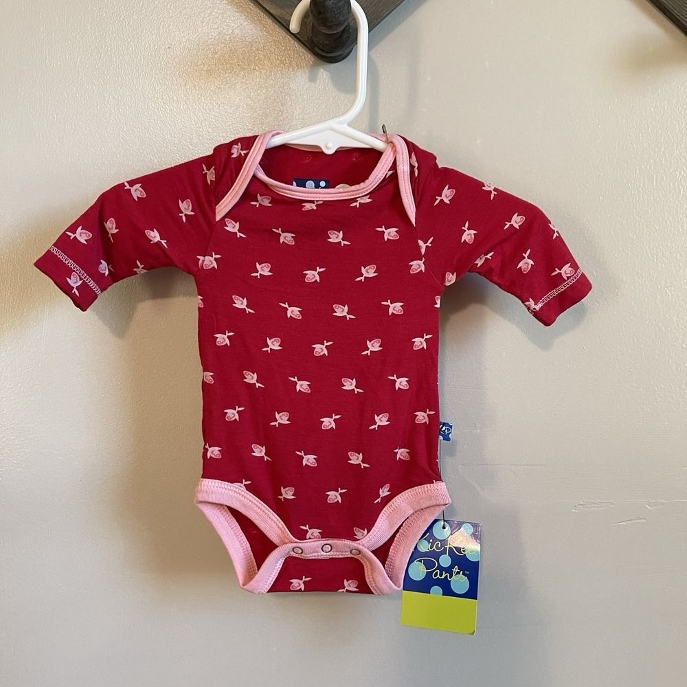 Kickee Pants NWT Bamboo Bodysuit | Preemie | Long Sleeve Red Pink Roses | Snaps